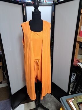 Sleeveless Ribbed Jumpsuit and Long Open Vest Set - Orange